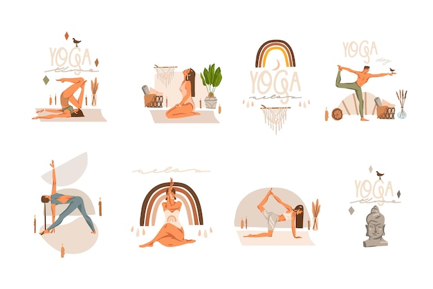 clipart illustrations set with young happy people character, meditating and yoga practitioner