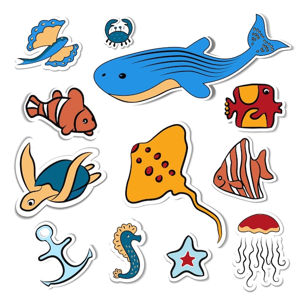 Clipart Shells fish deepsea animals of the sea and ocean Beautiful marine aquarium Isolated on