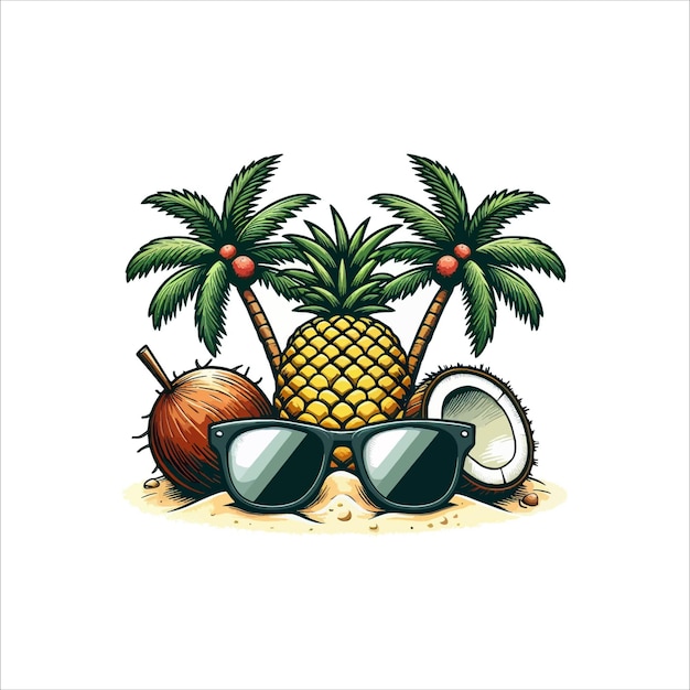 Clipart of sunglasses with palm trees Coconut pineapple on top of them summer vector art