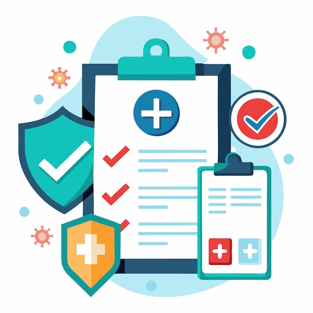 Vector clipboard with checklist shield and checkmarks representing medical protection