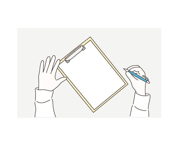 Vector a clipboard with a clipboard and a hand with a white glove and a pen.