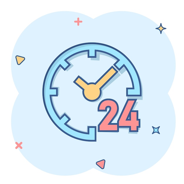 Clock 247 icon in comic style Watch cartoon vector illustration on white isolated background Timer splash effect business concept