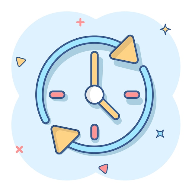 Clock countdown icon in comic style Time chronometer vector cartoon illustration pictogram Clock business concept splash effect