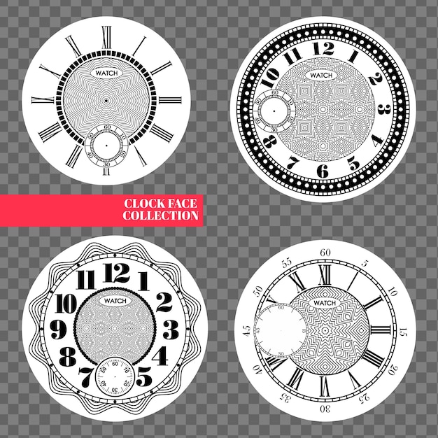 Clock face blank set isolated on transparent background. Vector watch design. Vintage roman numeral clock illustration. Black number round scale on white circle.