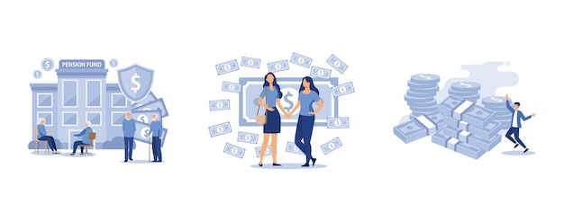 clock and money, woman and man business handshake , wallet with money dollar bill, set flat vector