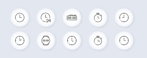 Clock neomorphic line icons set Call appeal timer stopwatch deadline speed available communication help call center around the clock business concept Vector neomorphic line icons set