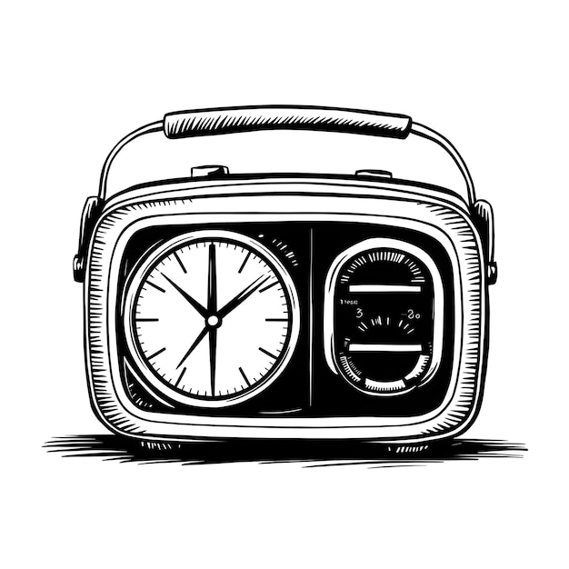 Clock radio ink sketch drawing black and white engraving style vector illustration