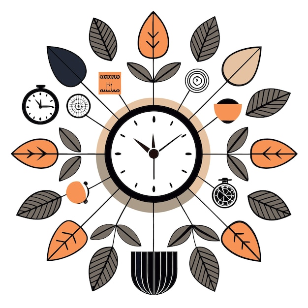 A clock surrounded by leaves and other symbols representing time management growth and productivity