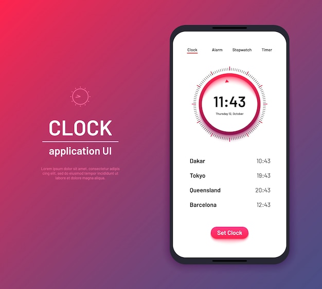 Clock ui. Time countdown interface kit. Modern clock screen phone application vector layout illustration,