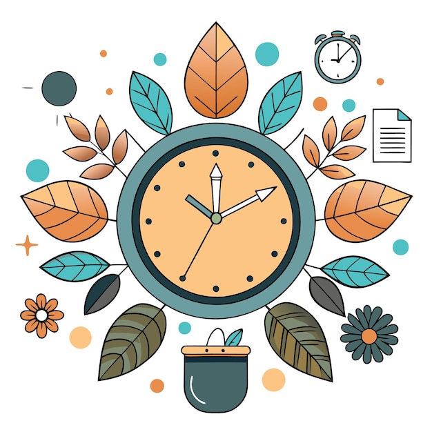 A clock with autumn leaves an alarm clock a document and a flowerpot