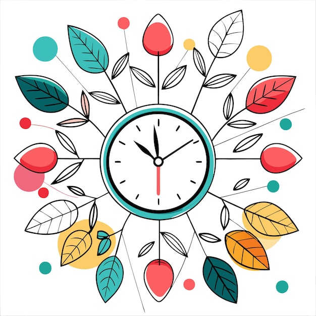 Clock with leaves and dots in a circle on white background