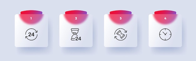 Clocks set icon 24 7 around the clock circular arrows hourglass waiting loading watch planning schedule Time management concept Glassmorphism Vector line icon for Business and Advertising