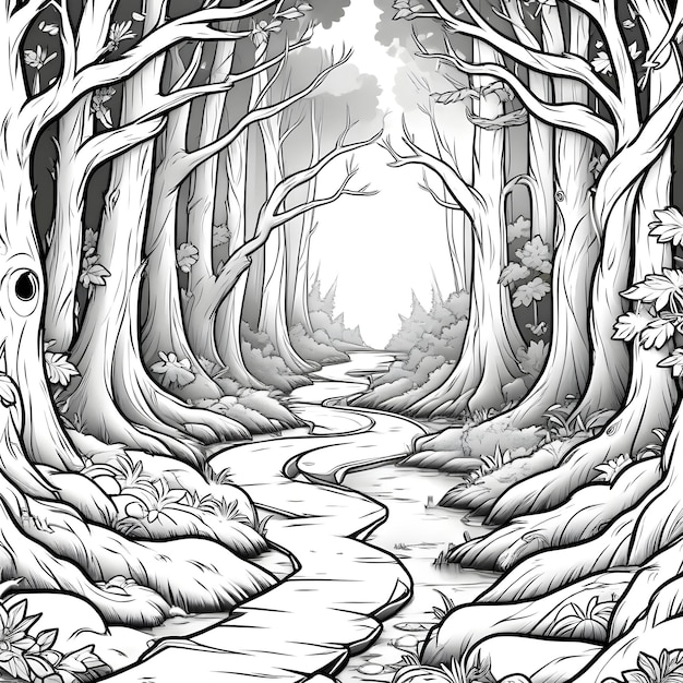 Vector a cloring page of a halloween forest path with a path that has a light on it