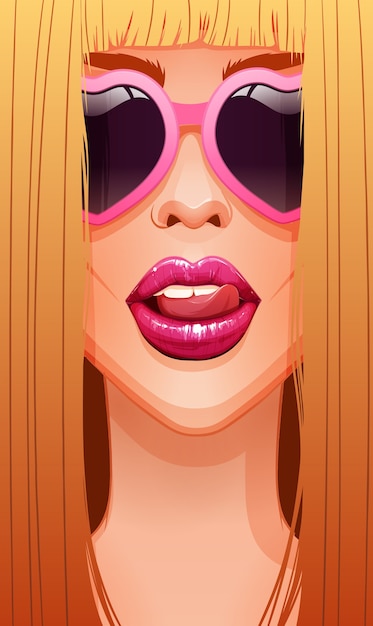 Close-up of  blonde woman's face in glasses licking her beautiful pink lips.  