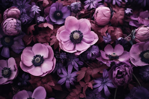 a close up of flowers with purple and black flowers