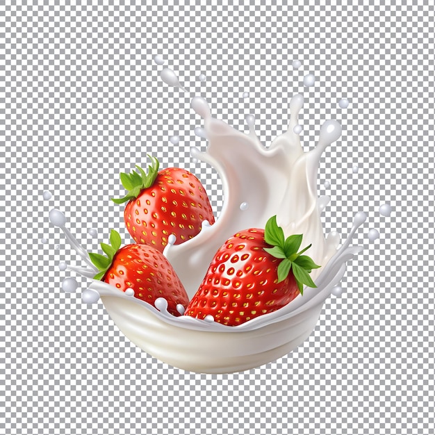 Close up fresh strawberry with splashing milk or fruit yogurt splash isolated transparent background