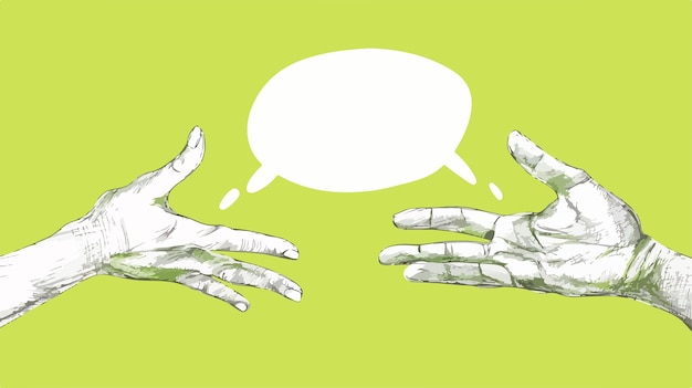 Vector close up of hand drawing dialogue between two on green background