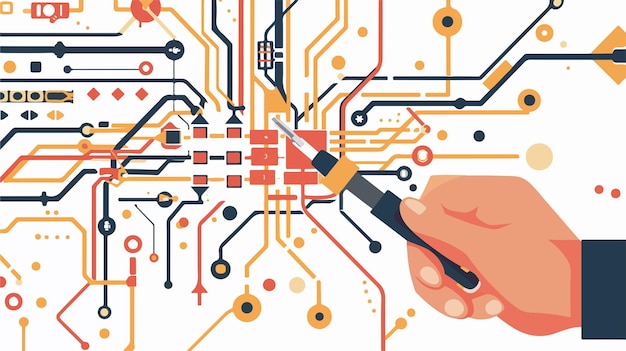 Vector close up hand with screwdriver fixing circuit flat