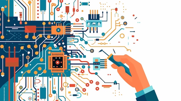 Vector close up hand with screwdriver fixing circuit flat