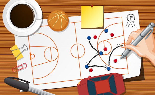 Vector close up hand writing basketball plane on paper with coffee cup on desk background