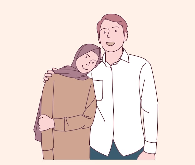 close up happy muslim family stand hands close to shoulder wear casual dress vector hand drawn illustration