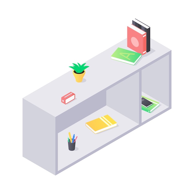 Close up on modern shelves with books isometric illustration