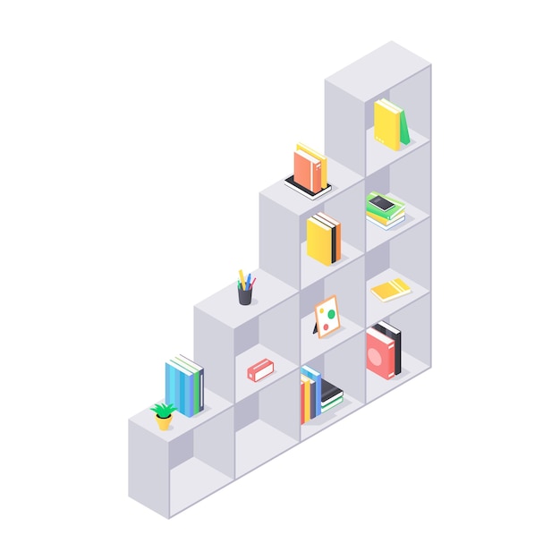 Close up on modern shelves with books isometric illustration