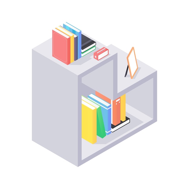 Close up on modern shelves with books isometric illustration