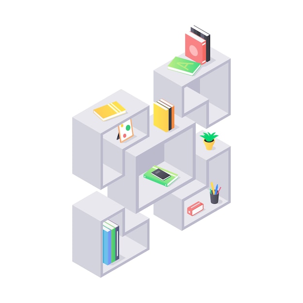 Close up on modern shelves with books isometric illustration