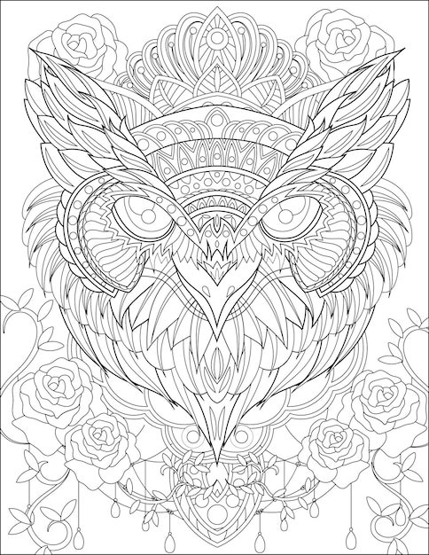 Close up owl head with crown surrounding rose flowers vines colorless line drawing nightowl with