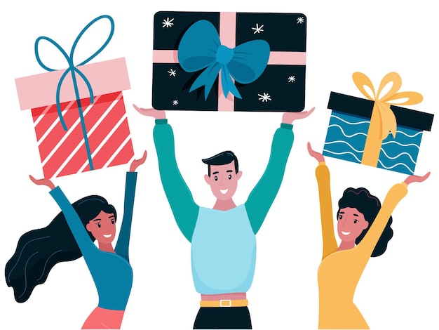 Close-up people with gifts. The season of giving. Vector illustration with joyful people and gift boxes in hands in flat style