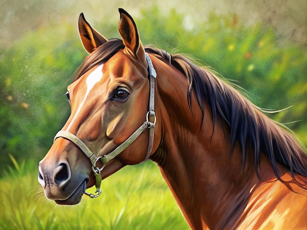 Vector close up portrait of a brown horse in a green field