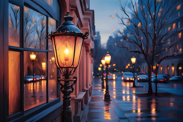 Close up shot of a street lamp at night