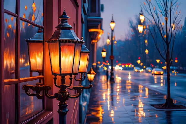 Close up shot of a street lamp at night