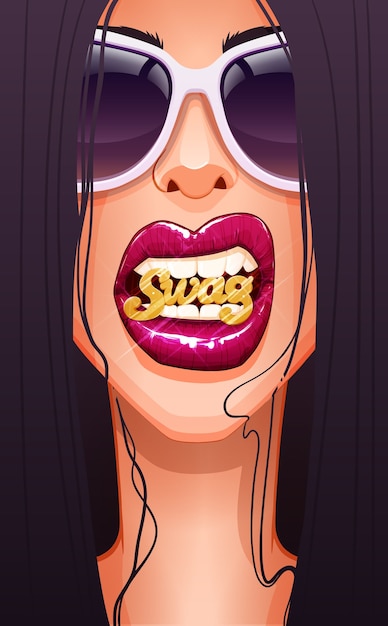 Vector close-up of  woman's face in glasses with full red lips biting gold swag badge.  