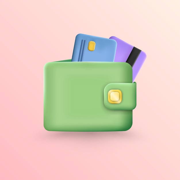 Closed 3d rendering wallet with colorful plastic credit cards isolated on pink background