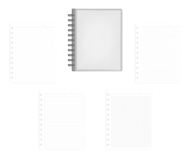 Closed disc bound notebook with set of various ruled hole punched filler paper sheets vector mockup