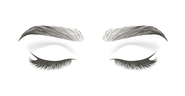 closed eye with long false eyelashes and black eyebrows isolated on white background