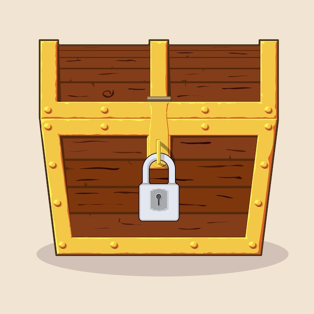 Closed and locked wooden pirate treasure chest