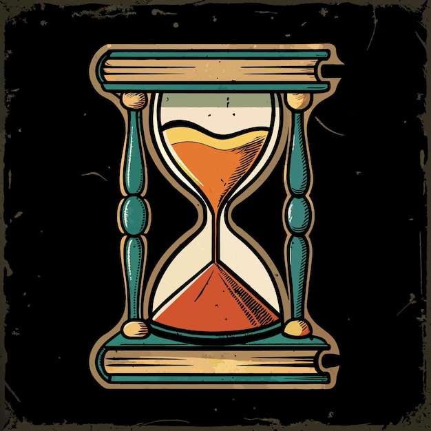 Closed up of sandglass or hourglass on vintage book with dark black loft cement background using as