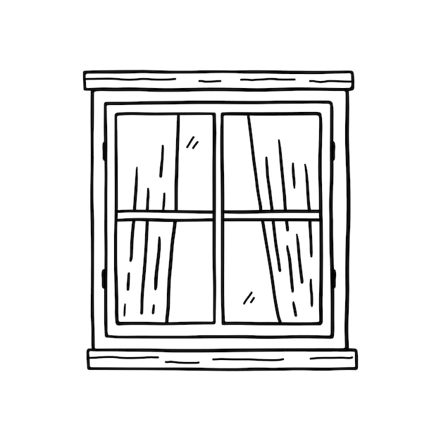 Closed wooden window with curtains isolated on white background hand drawn doodle illustration