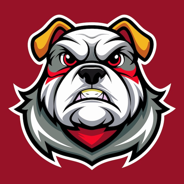 Vector closeup of an angry bulldog39s head featuring white fur grey and black fur a black nose a red collar and red eyes the image has a red background