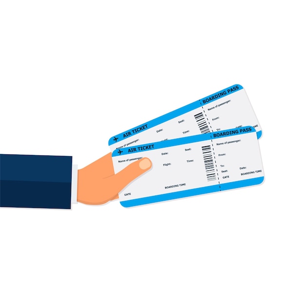 Closeup businessman hand holding air boarding tickets Airline boarding tickets business class Travel and business trips concept Vector illustration in flat style Eps 10