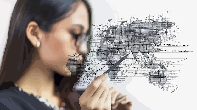 Vector closeup of businesswoman drawing world map with pen