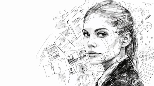 Vector closeup of businesswoman with business sketches