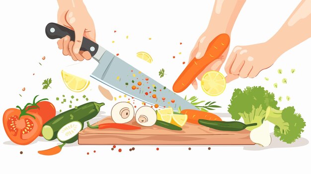 Vector closeup of chefs hands cutting vegetables with knife