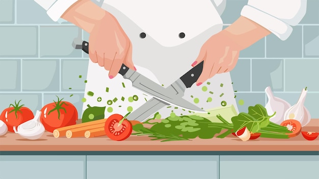 Vector closeup of chefs hands cutting vegetables with knife