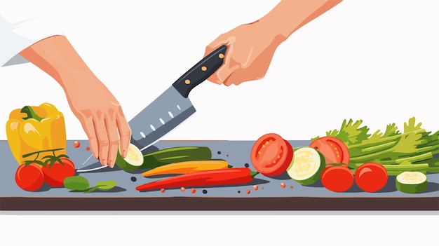 Vector closeup of chefs hands cutting vegetables with knife