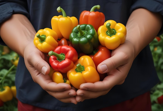 Vector closeup of colorful bell peppers held in hands