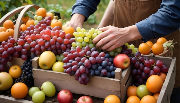 Closeup of a Farmer39s Hands Arranging Fresh Fruits in Wooden Crates